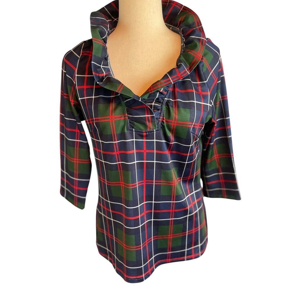 Gretchen Scott Ruffle Neck 3/4 Sleeves Top Balmoral Plaid Multi Small - Picture 7 of 8
